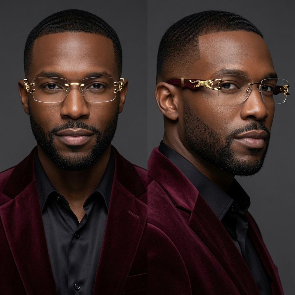 Mens Gold Panther Rimless Eyeglasses Clear Lens Wood Grain Burgundy Luxury Style